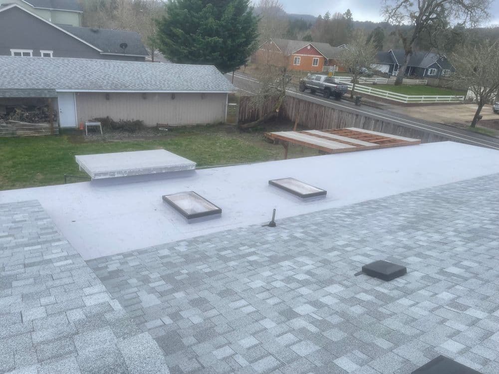 Flat roof with two skylights and a suburban landscape featuring a gray house and wooden structure.