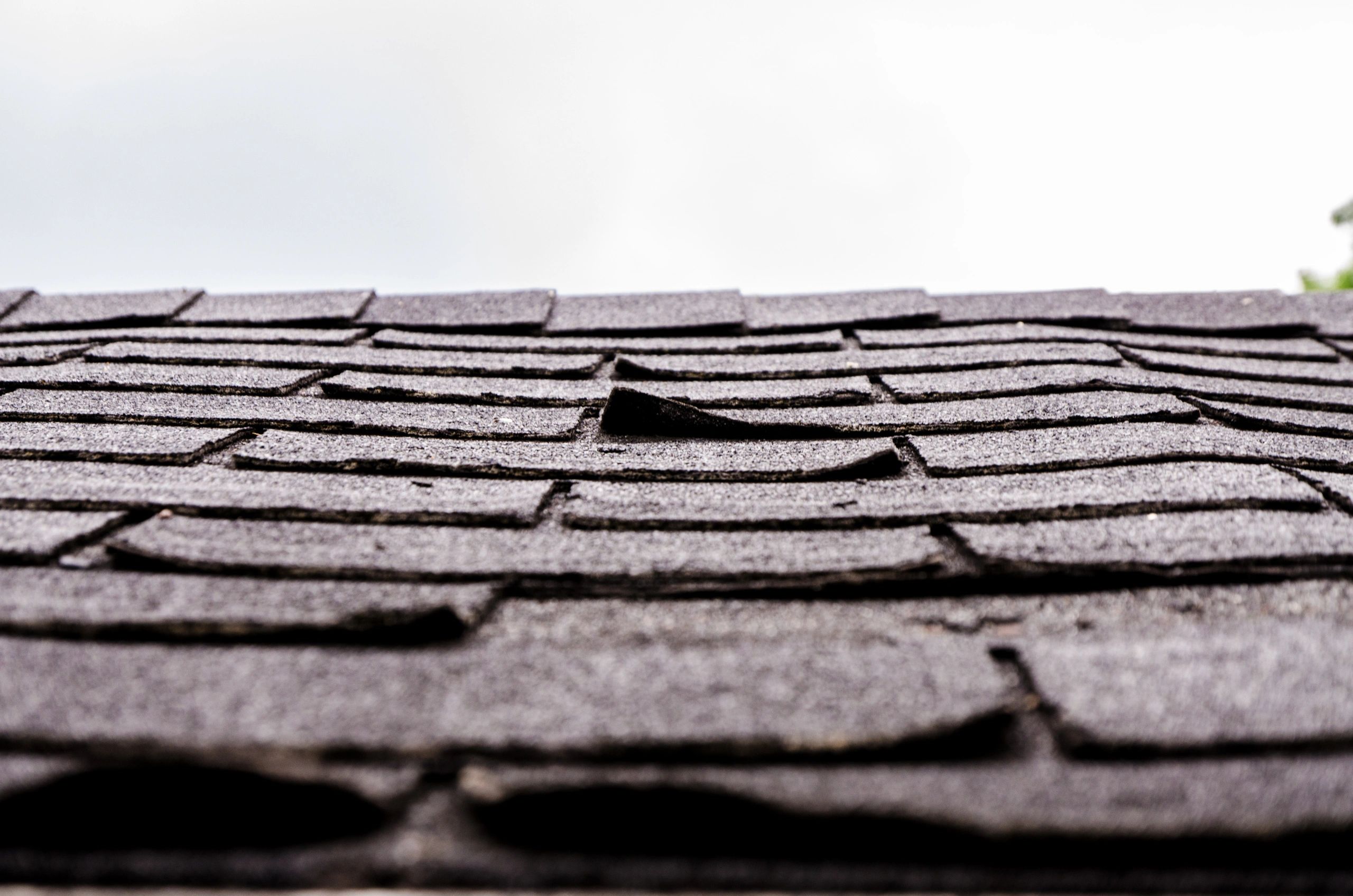 Close-up of damaged asphalt shingles before repair
