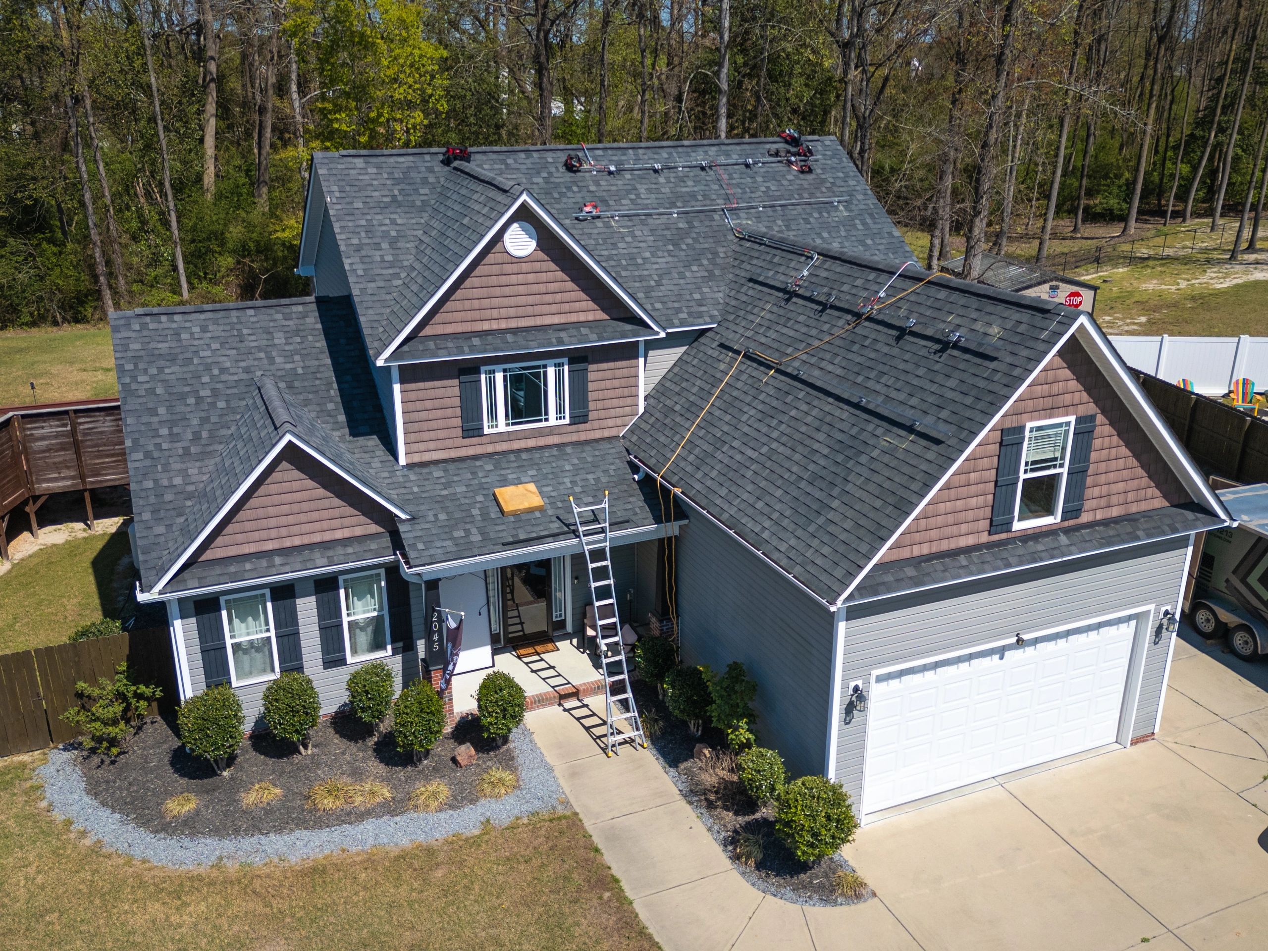 Home exterior with a newly finished roof