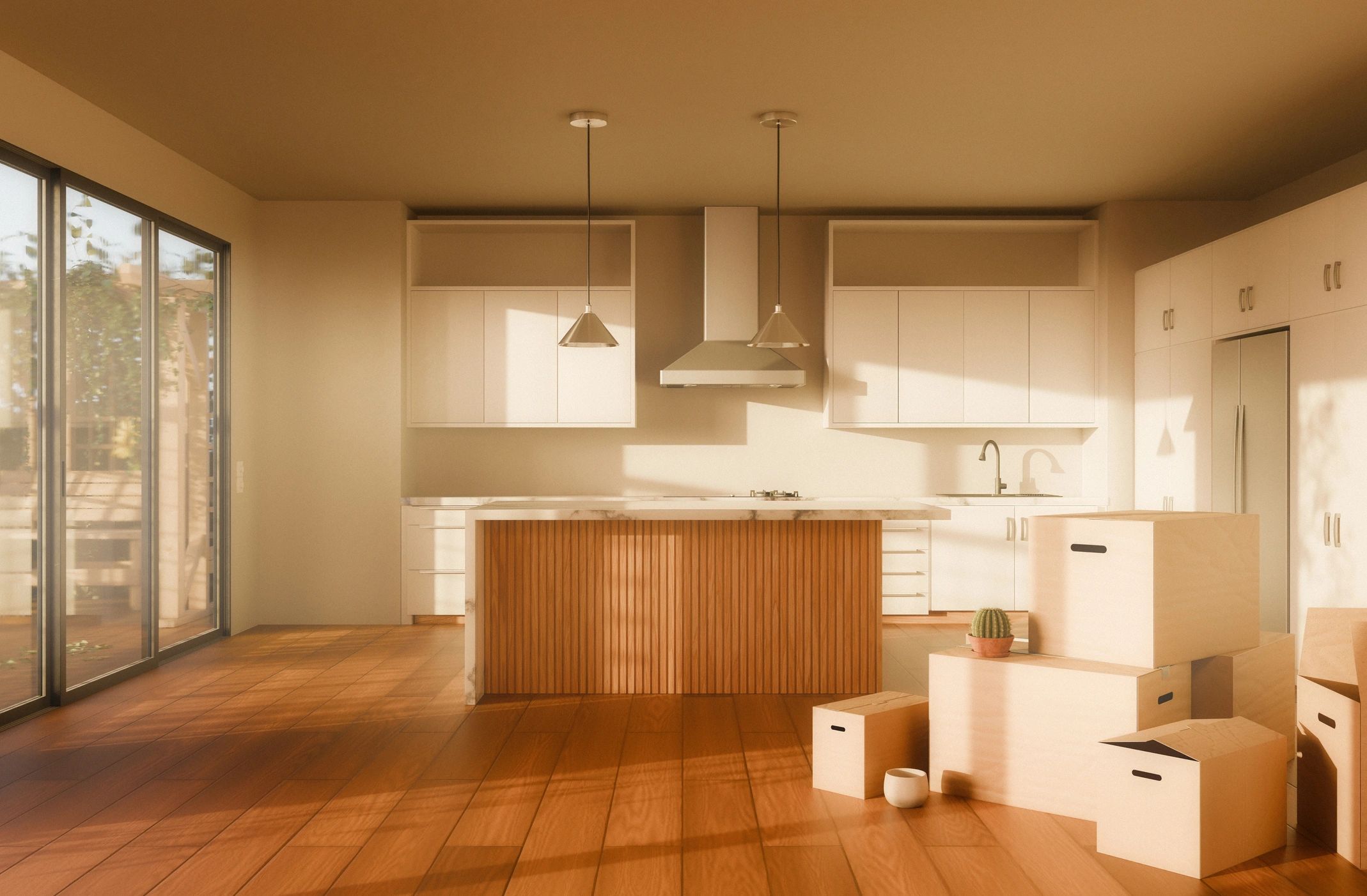 Kitchen remodel concept with moving boxes